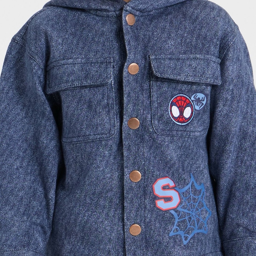 Toddler Boys' Marvel Spider-Man Knit Denim Button-Up Hoodie Jacket - Blue